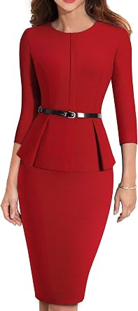 HOMEYEE Womens 3/4 Sleeve Office Wear Peplum Dress with Belt B473