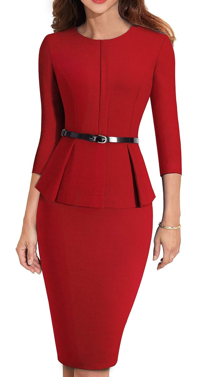 HOMEYEE Womens 3 4 Sleeve Office Wear Peplum Dress with Belt B473