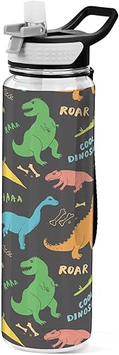 Botella de agua deportiva de dinosaurios para niñas y niños, botella de agua con popote y asa, sin BPA, botellas de agua plegables de gran capacidad