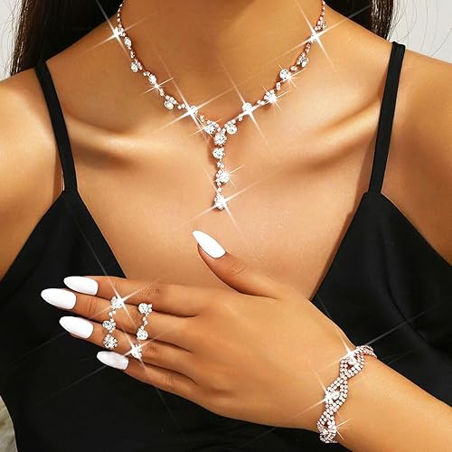 Miniatura 9 de Unicra - Juego de joyas de boda para novia con diamantes de imitación, collar para novia, pulsera, aretes, joyería de graduación para mujer y novias