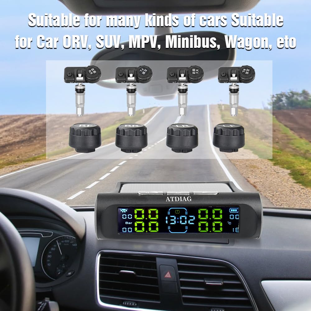 Tpms Sistema di monitoraggio della Pressione dei Pneumatici Wireless Universale Display dell'orologio a energia Solare 4 sensori con sensore Esterno(Internal Clock)