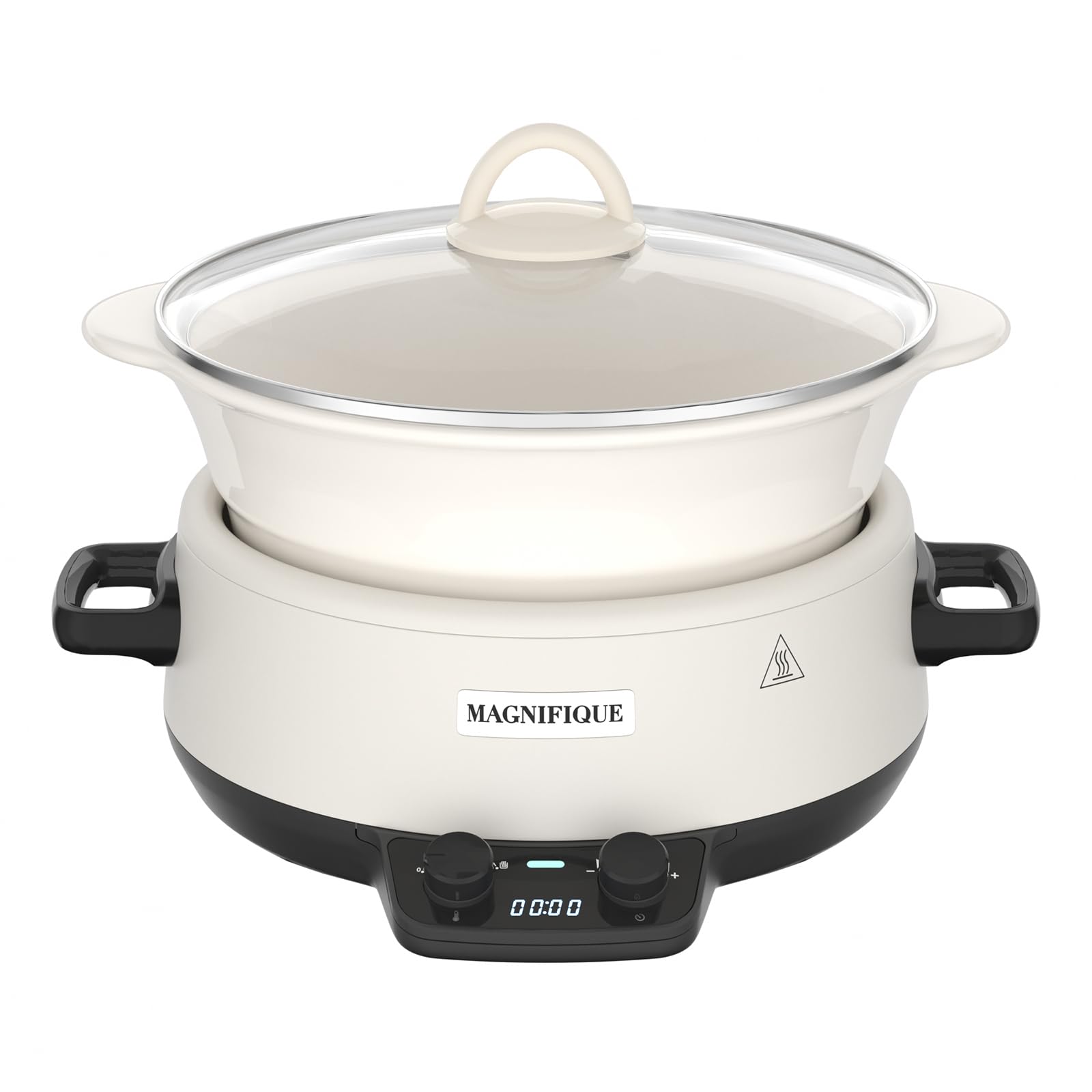 magnifique 5 quart programmable slow cooker with auto warm setting, glazed ceramic liner, kitchen small appliance for family dinners, white