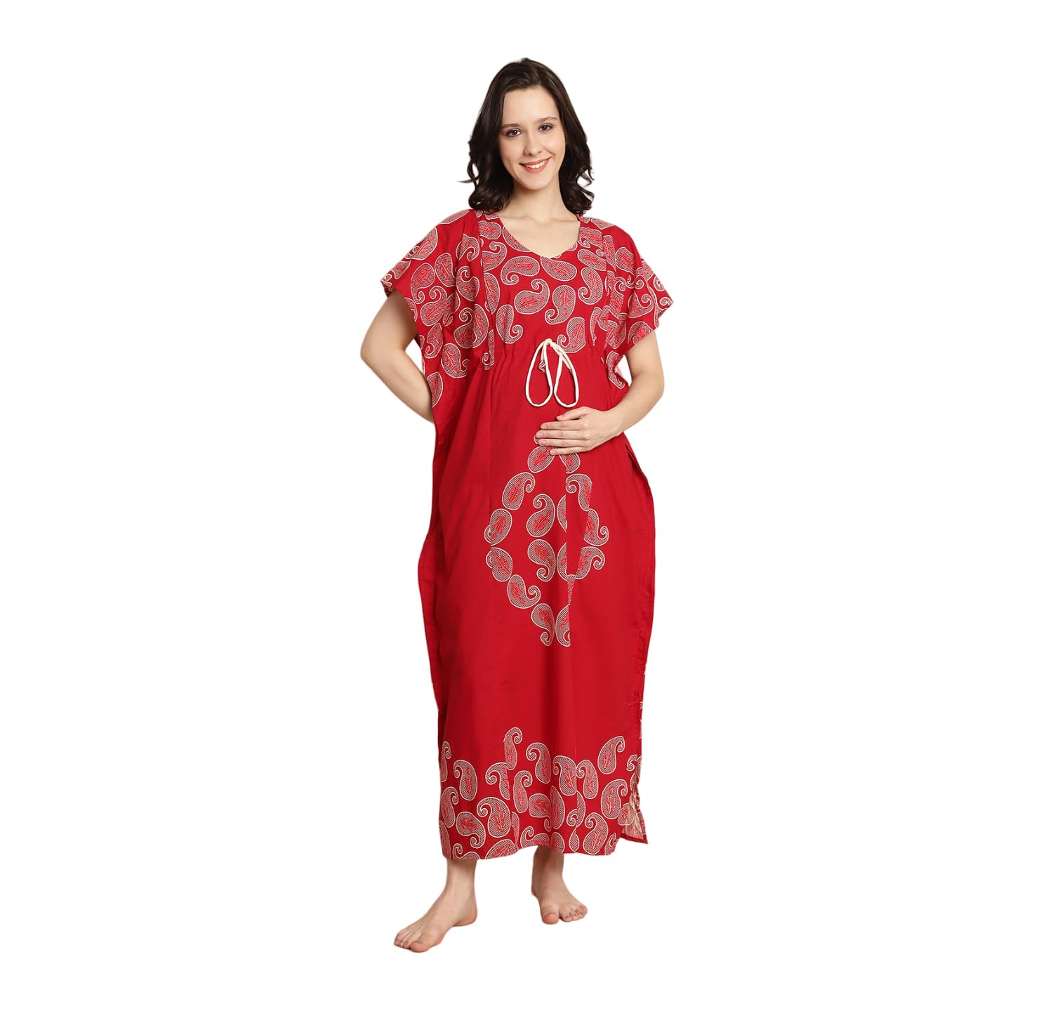 Secret WishRed Cotton Maternity-Feeding Kaftan