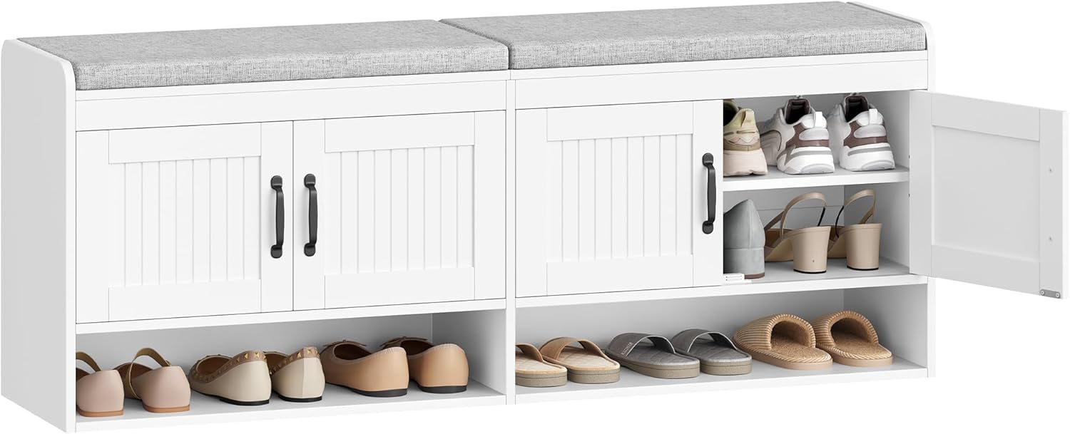 55.1" Shoe Storage Bench, 3 Tier Entryway Shoe Bench with Padded Cushion & 4 Doors & Adjustable Shelves, 18-21 Pairs of Bed End Benches, Modern Shoes Rack Benches for Bedroom, White SB41403GY