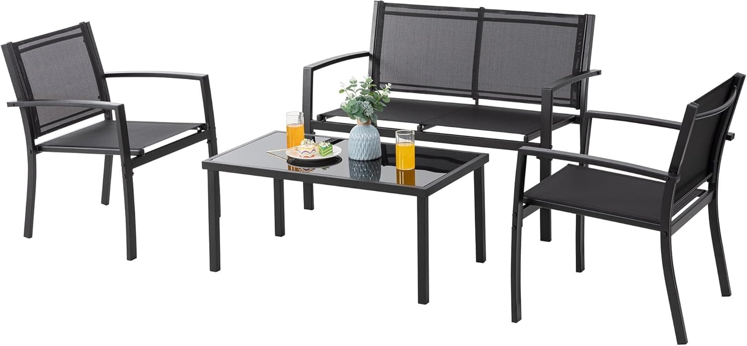 Salotto Da Esterno In Acciaio 2 Poltrone 1 Divano 1 Tavolo Giardino Esterno Con Seduta In Textilene Patio Salottino Relax Primavera Estate Mobili Estivi 4 Posti Tavolo Ripiano In Vetro - Nero