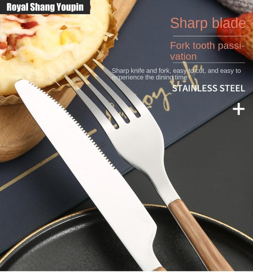 Manico Piatto in Legno Cucina Acciaio Inossidabile Posate Stoviglie Posate Coltelli Forchette Cucchiai Set, Hotel Home Coltello Da Bistecca Cucchiaio Da Dessert (Argento,16 pezzi)