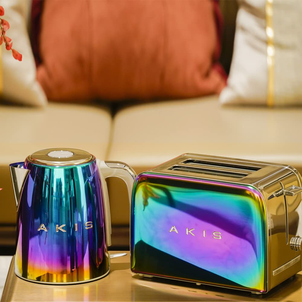 AKIS La Fête Design Toaster und Wasserkocher Set Edelstahl Regenbogen 850W 1,7L 2400W