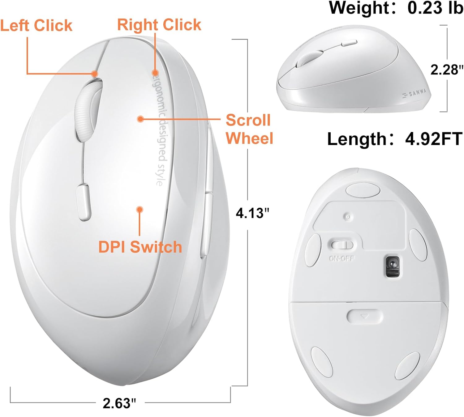 SANWA 2.4G Wireless Left Handed Mouse, Ergonomic Left Hand Vertical Mouse for Small Medium Hands, 5 Buttons, 800/1200/1600 DPI, Blue LED Sensor, Compatible with Laptop, PC, Mac, Windows, White