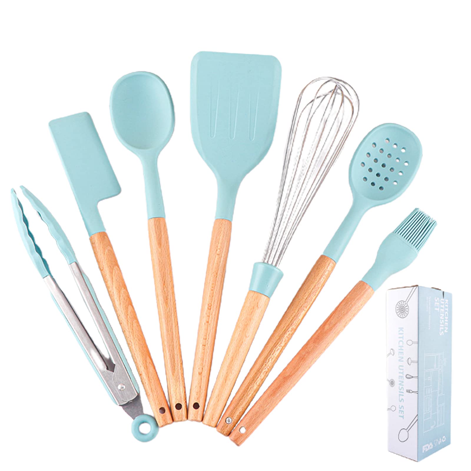 Tsophreniq Silicone Kitchenware Set with Wooden Handle Heat Resist Cooking Utensil Non Stick Scratch Proof Kitchen Supply Silicone Cooking Utensils with Wooden Handle for Nonstick Cookware