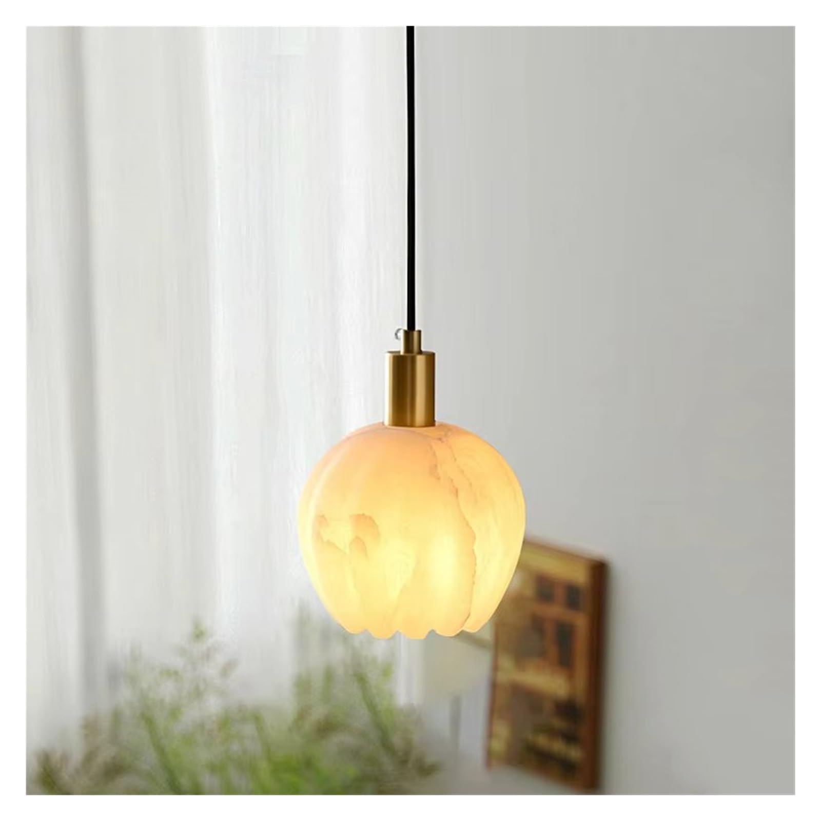 Olskfuh Dark Minimalist Marble Pendant Lighting Bedroom Bedside Dining Room Petal Bud Hanging Line Lamp Copper Small Chandelier,-Changeable