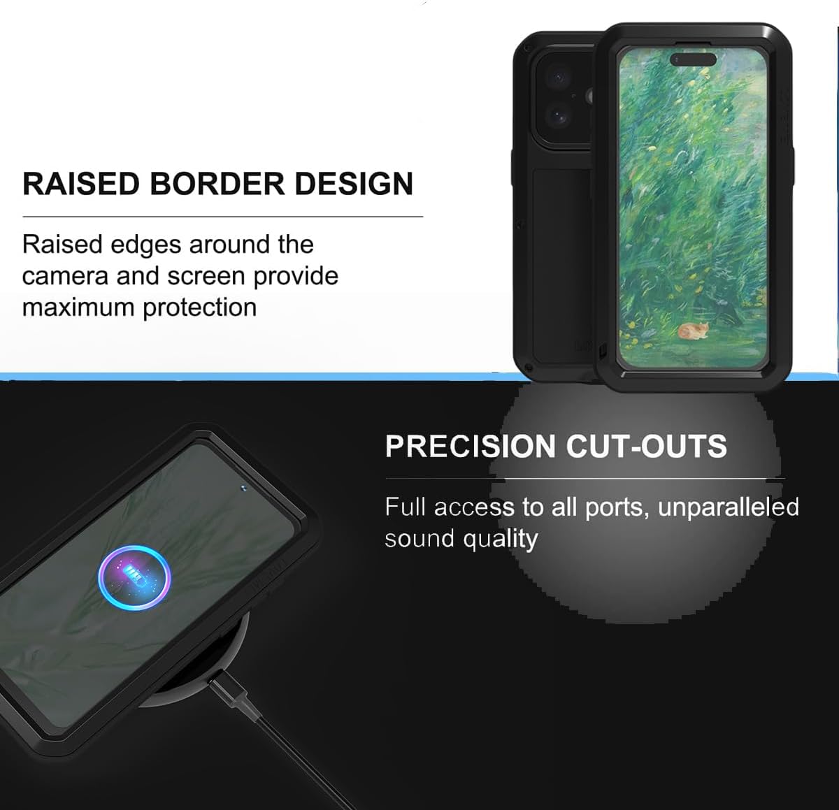 LOVE MEI for iPhone 16 (6.1) Metal Case, Heavy Duty Metal Military Grade Shockproof Dustproof Full Body Case with Built in Tempered Glass Screen Protector for iPhone 16 (Black)