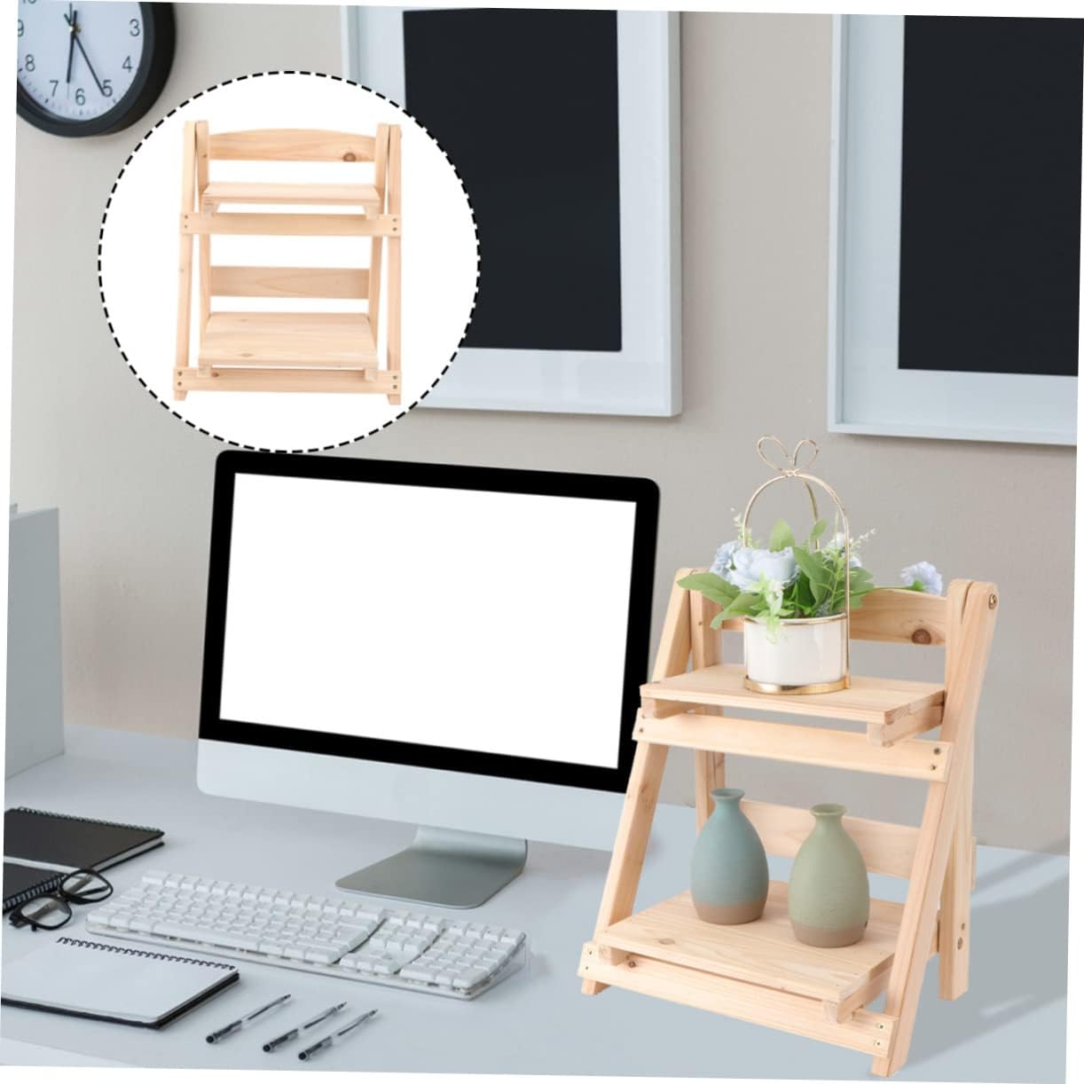 OUNONA Eco-friendly Solid Wood Desk Stand Multi-layer Storage Shelf Plant Stand for Flowers for Housewarming Party