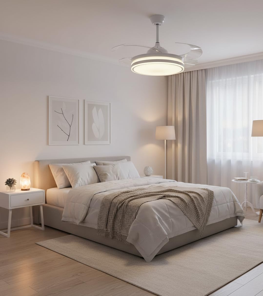 BEL AIR HOME Ventilatore da soffitto ASGARD motore DC silenzioso, pale trasparenti 108 cm, luce LED 36 W 3 temperature, telecomando, modalità inverno, bianco