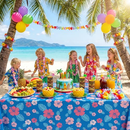 Image of Oudain 3 Sheets Hawaii Hibiscus and Tropical Leaves Tablecloth Birthday Party Decorations Blue Alien Cartoon Table Covers for Birthday Party Supplies