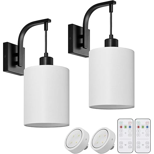 SURAIELEC Battery Operated Wall Sconces Set of Two, Wireless Sconces Wall Decor with Remote Control, 3 Color Temperatures, Dimmable Indoor Wall Lights for Living Room Bedroom, White Linen Shade