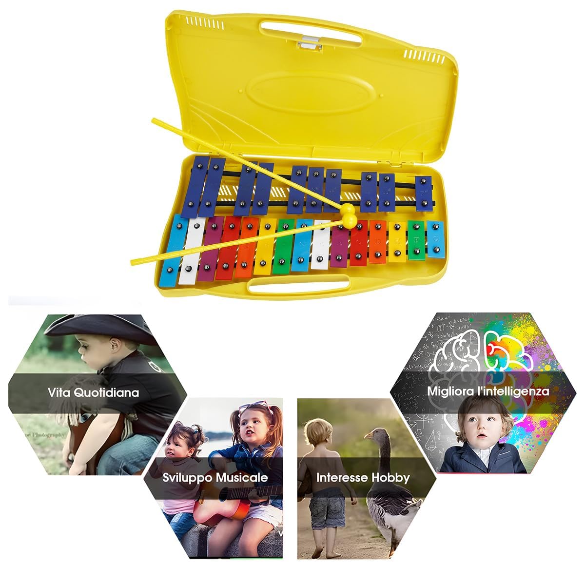 Xilófono Glockenspiel Metalófono 25 Teclas Metálicas Angel AG-25N3 con Estuche Amarillo (amarillo)