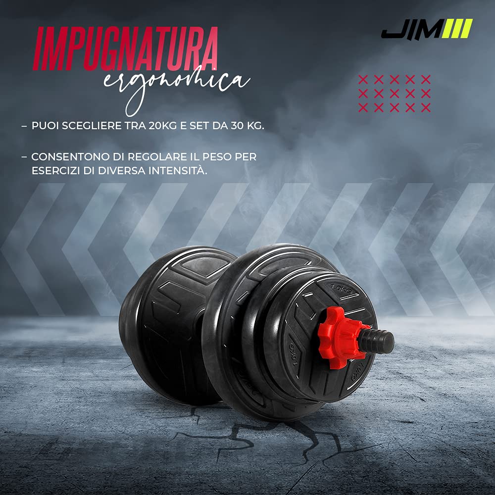 JIM Fitness set 2 in 1 manubrio e bilanciere regolabili fino a 30 kg con copertura in gomma, nero e rosso