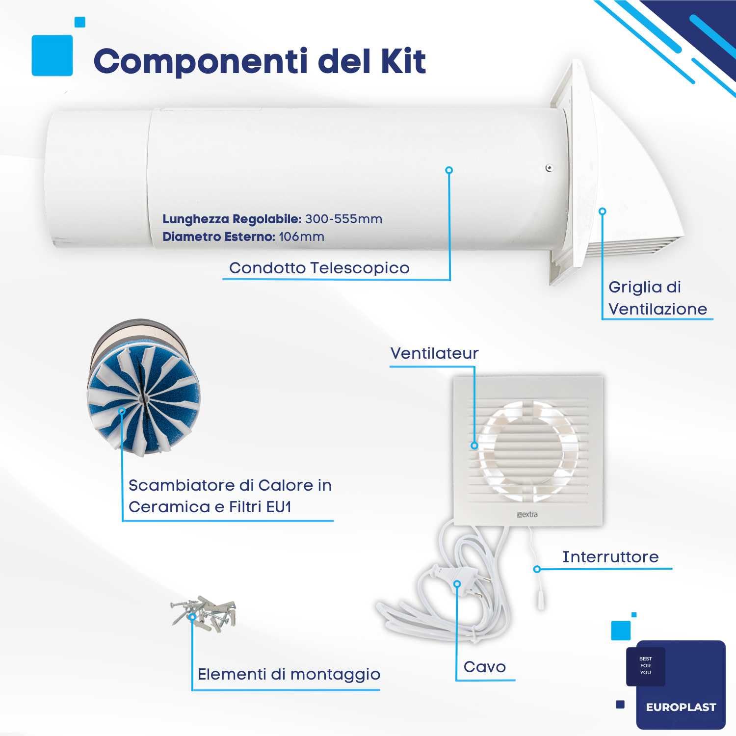 EUROPLAST Ø 100mm VMC Doppio Flusso Recupero Calore - VMC Recuperatore di Calore - Ventilazione Meccanica Controllata - Ventola Ricambio Aria - La Ventilazione Efficiente
