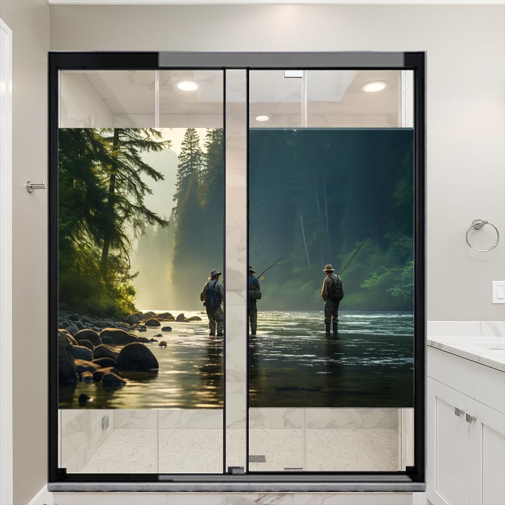 Modern Angler Privacy Window Film Rustic Forest Rivers Fishing Stained Glass Window Coverings Adhesive Sticker Frosted Window Film for Home Office Stores 27.6Wx39.4L-inch x2 Pcs