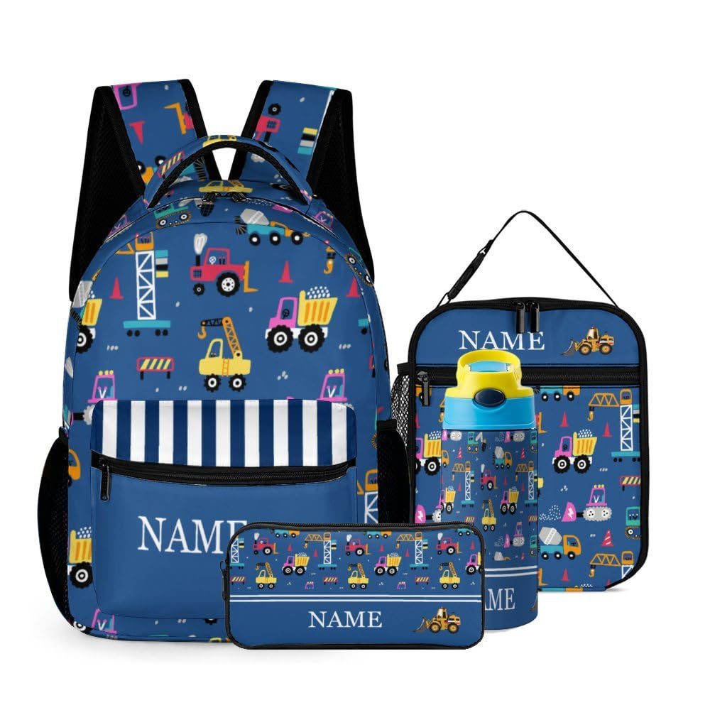 MLIANCEN Custom Cute Cartoon Car Kids Backpack for Girls Boys Personalized Add Your Name 4Pcs School Bag with Lunch Bag Pencil Bag Water Bottle