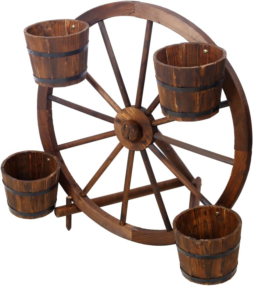Wooden Wagon Planter with Wheels for Outdoor Garden Decor - Rustic Fir Wood Flower Pot Stand for Patio and Yard (Brown + Wood-3)