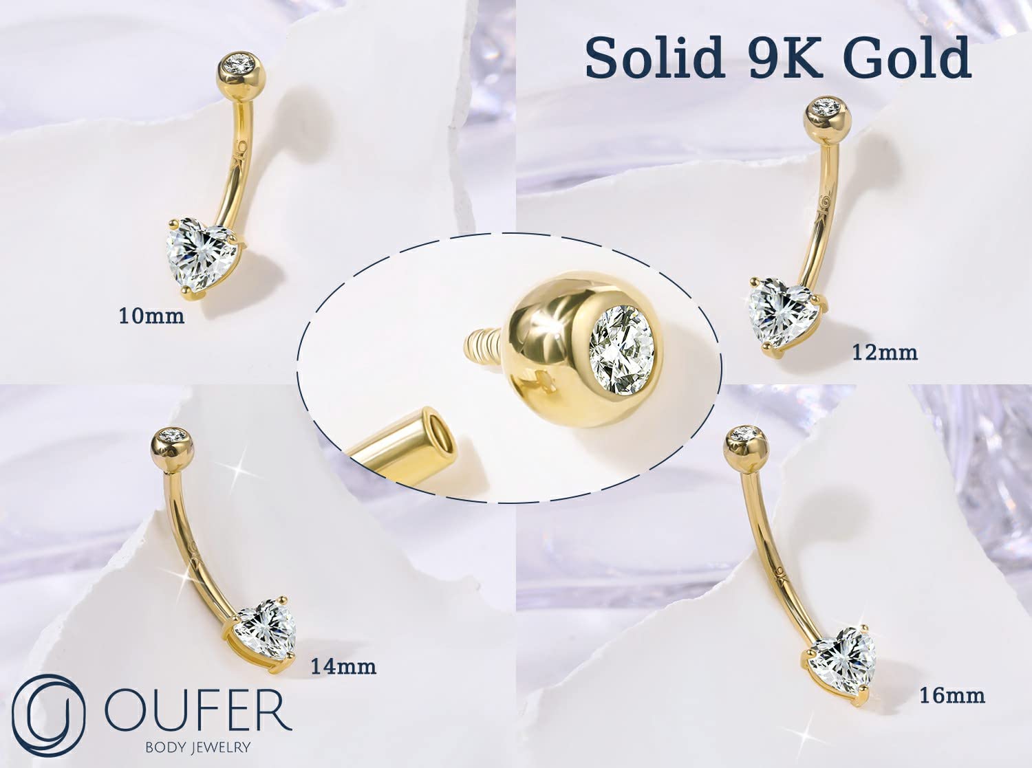 OUFER Body Piercing Internally Thread Bauchnabelpiercing 9K Solid Gold Belly Piercing Heart Cubic Zirconia Bananabells Körperschmuck Piercing Bauchnabelpiercing nabelpiercing 10mm 12mm 14mm 16mm