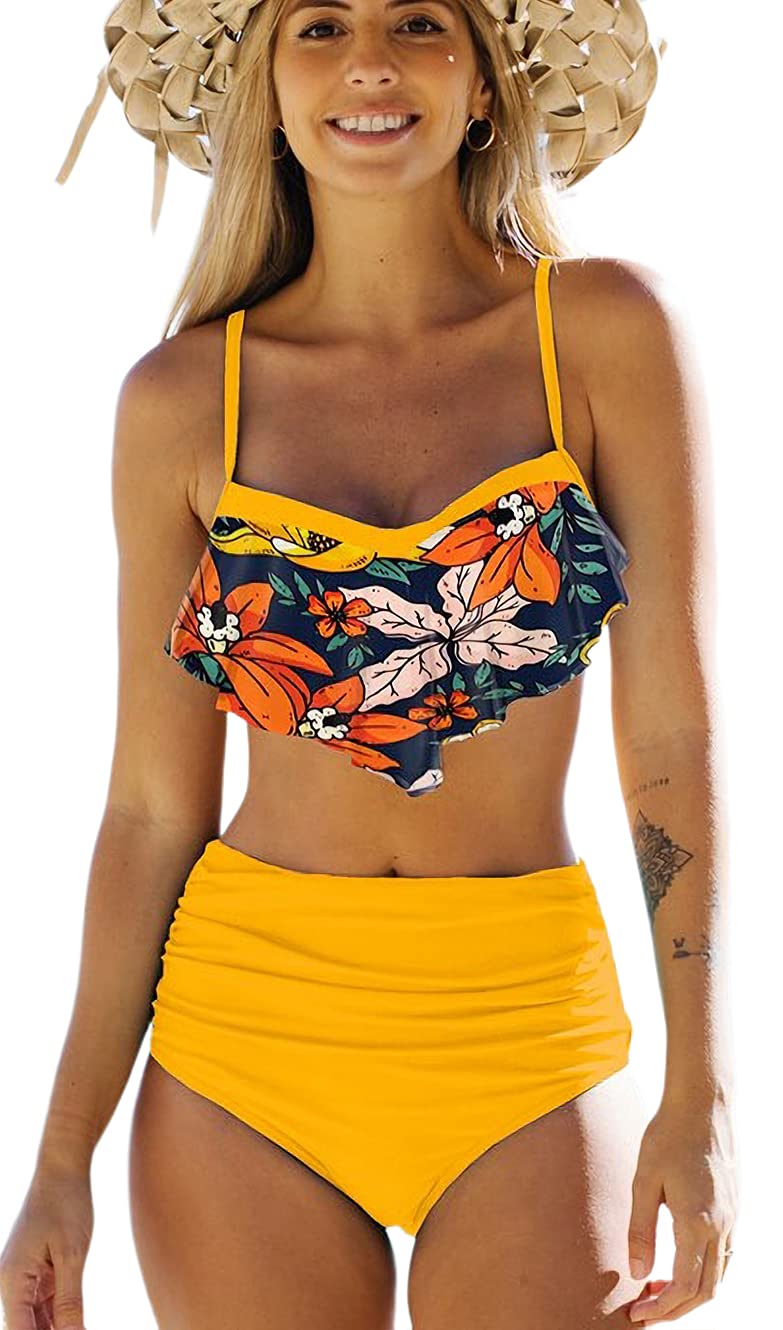 JFAN Costume da Bagno Donna Due Pezzi Bikini A Vita Alta Bottom Increspato Stampa Floreale Halter Ruffle Coordinati Blu L