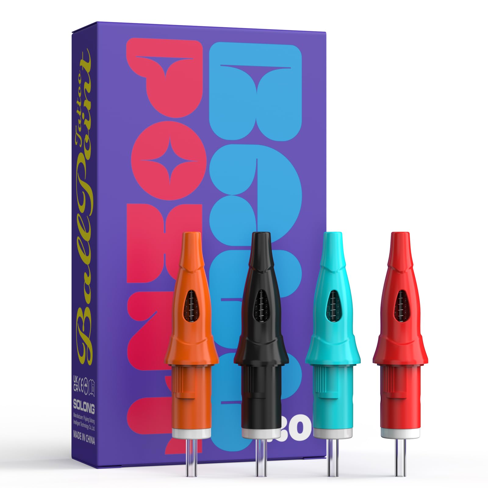 Solong Ballpoint Pen Tattoo Needles, Pack of 20 Tattoo Ballpoint Pen Patterns Needles for Dotwork Drawing Practice on Paper for Beginners EN18-BP-20KIT-A (Black, Red, Sky Blue, Orange)