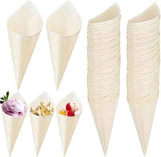 100PCS Disposable Wooden Cones - 5Inch Rustic Ice Cream Dessert Holders for Weddings, Parties - Leak-Proof Food Tasting Cones for Candy, Snacks