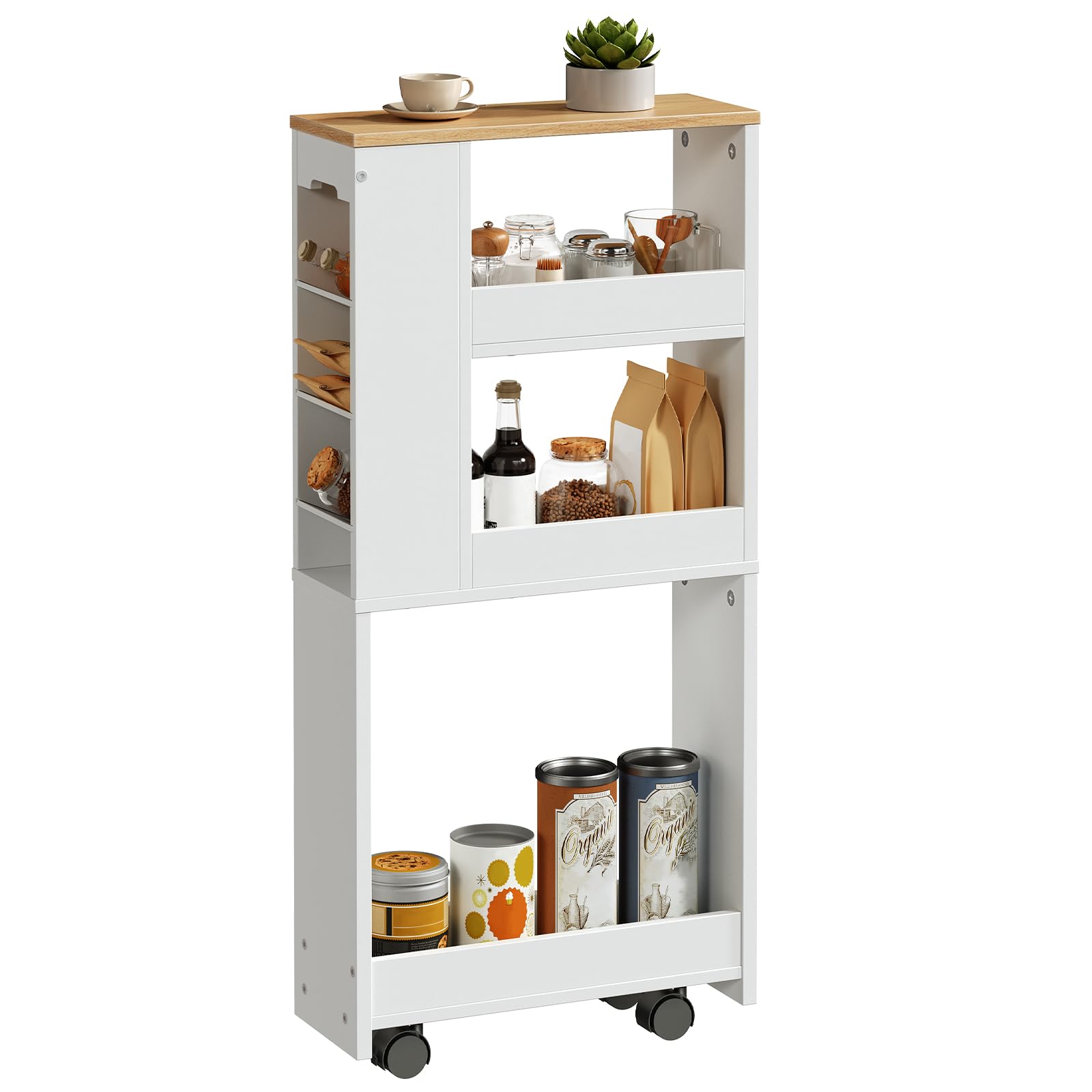HOOBRO Carro Estrecho de 4 Niveles, 40 x 15 x 85,5 cm, con 4 Ruedas Giratorias Bloqueables, para Espacio Pequeño, Cocina, Baño, Sala de Estar, Blanco y Natural EWN84TC01