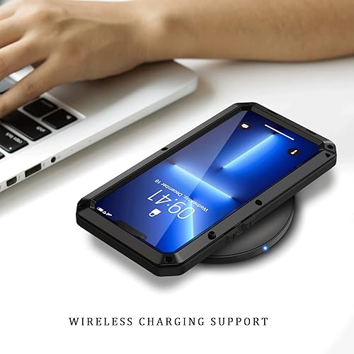 Miniatura 6 de Lanhiem Funda de metal para iPhone 13 Pro Max, resistente a los golpes, con protector de pantalla de vidrio integrado, funda protectora de cuerpo