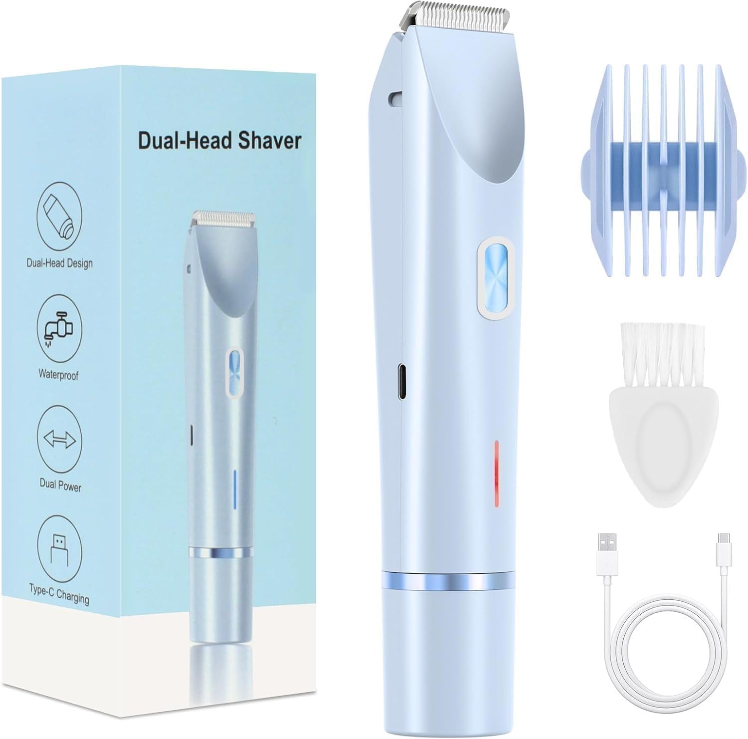Rasoir Femme Klyne, Nouveau Tondeuse À Double Tête Femme,Tondeuse Intime & Sourcils,Recharge Usb,Étanche Ipx7,Pour Jambes,Aisselles.Bikini Et Nez (Bleu)