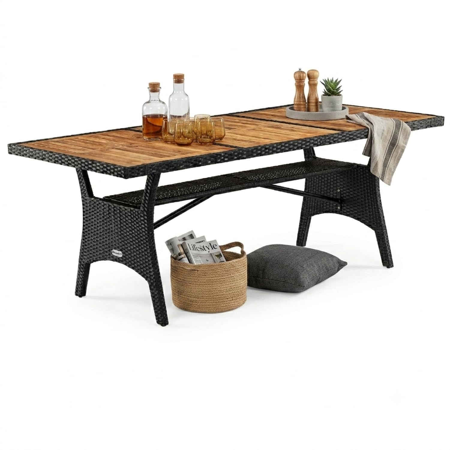 CASARIA® Rattan Garden Table with Shelf & Acacia Wood Top | 190x90x74cm — image 1