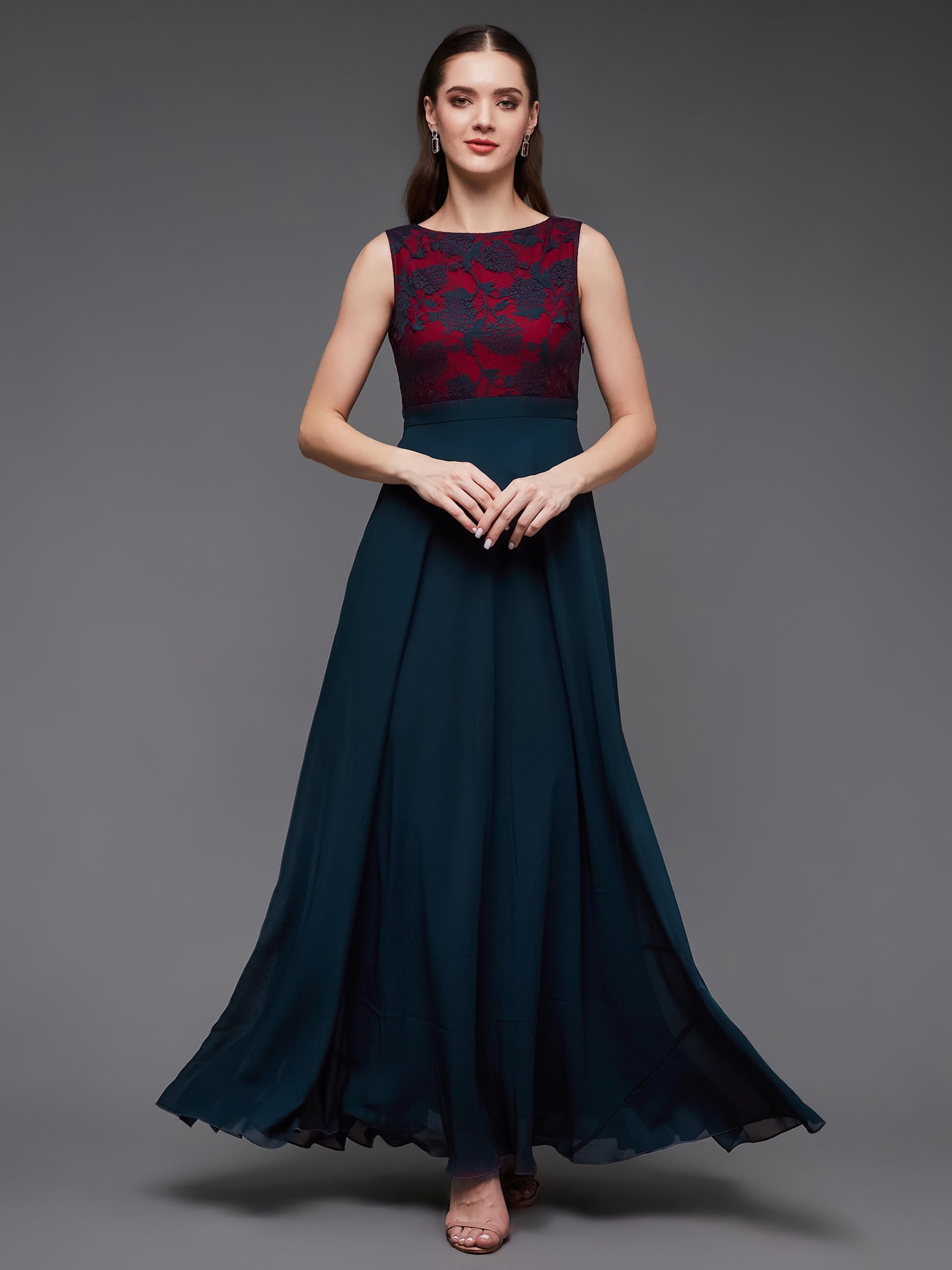 Miss Chase Women's Round Neck Sleeveless Georgette Floral Lace Fit & Flare Maxi Dress Teal