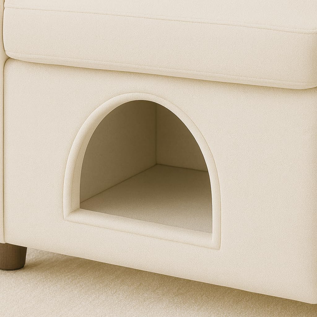 Beige Bunny Ear Pet Friendly Armchair with Built in Cat Dog Hideaway, Cozy Dual Use Accent Sofa Chair with Side Pocket for Bedroom, 27.4 25.2 37.4 Inch