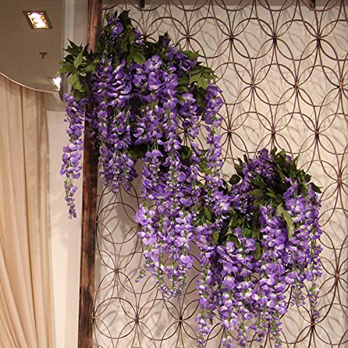 12pcs Artificial Wisteria Flowers 3.6 Feet/Piece Purple Dense Artificial Fake Wisteria Vine Ratta Hanging Garland Silk Flowers String Home Party Wedding Decor(Purple-Dense)