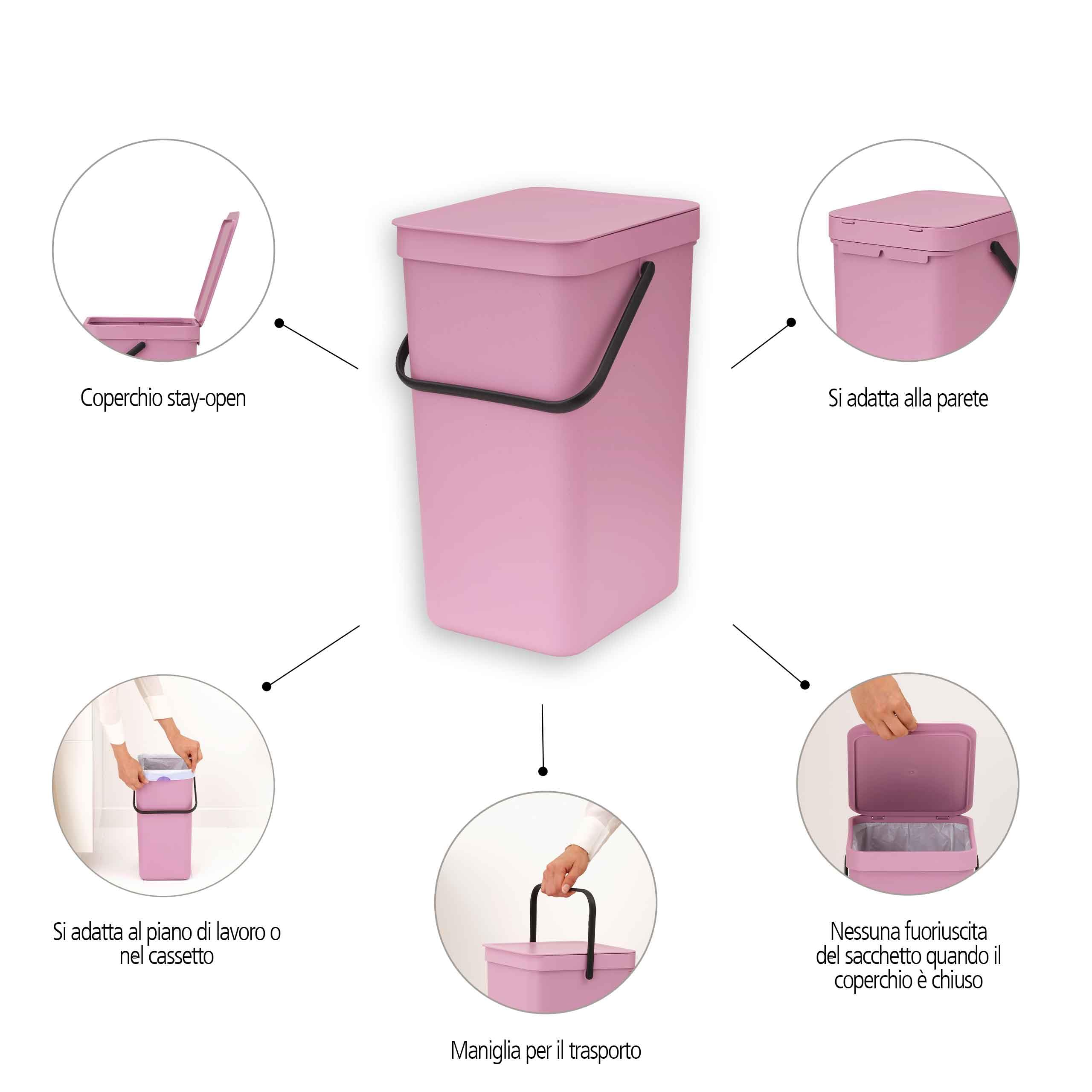 Brabantia Sort & Go Pattumiera 16L (Lilac Pink), Pattumiera cucina in plastica con maniglia, Secchio spazzatura salvaspazio con coperchio stay open rimovibile, Cestino umido facile da pulire