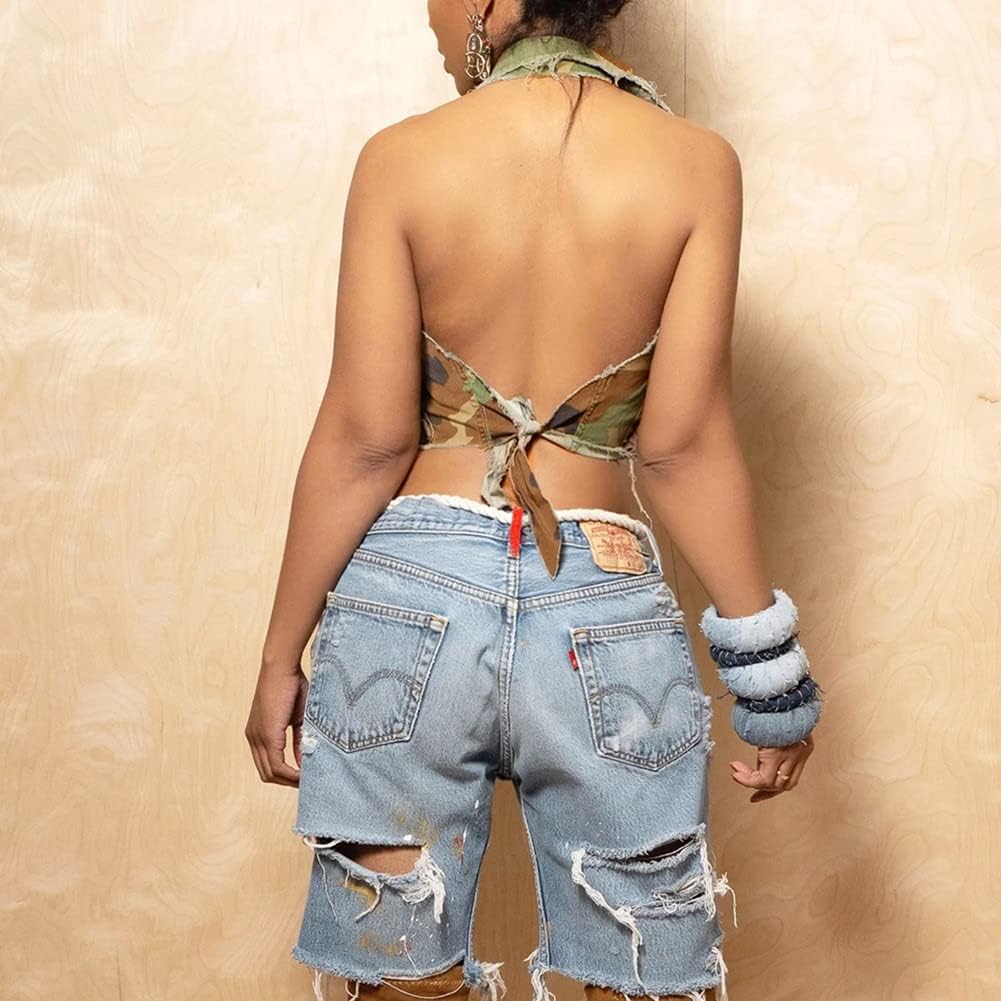 Womens Summer Cute Camo Button Down Cropped Jean Jacket Casual Lapel Outwear Denim Shirts Blouse Top - Image 4