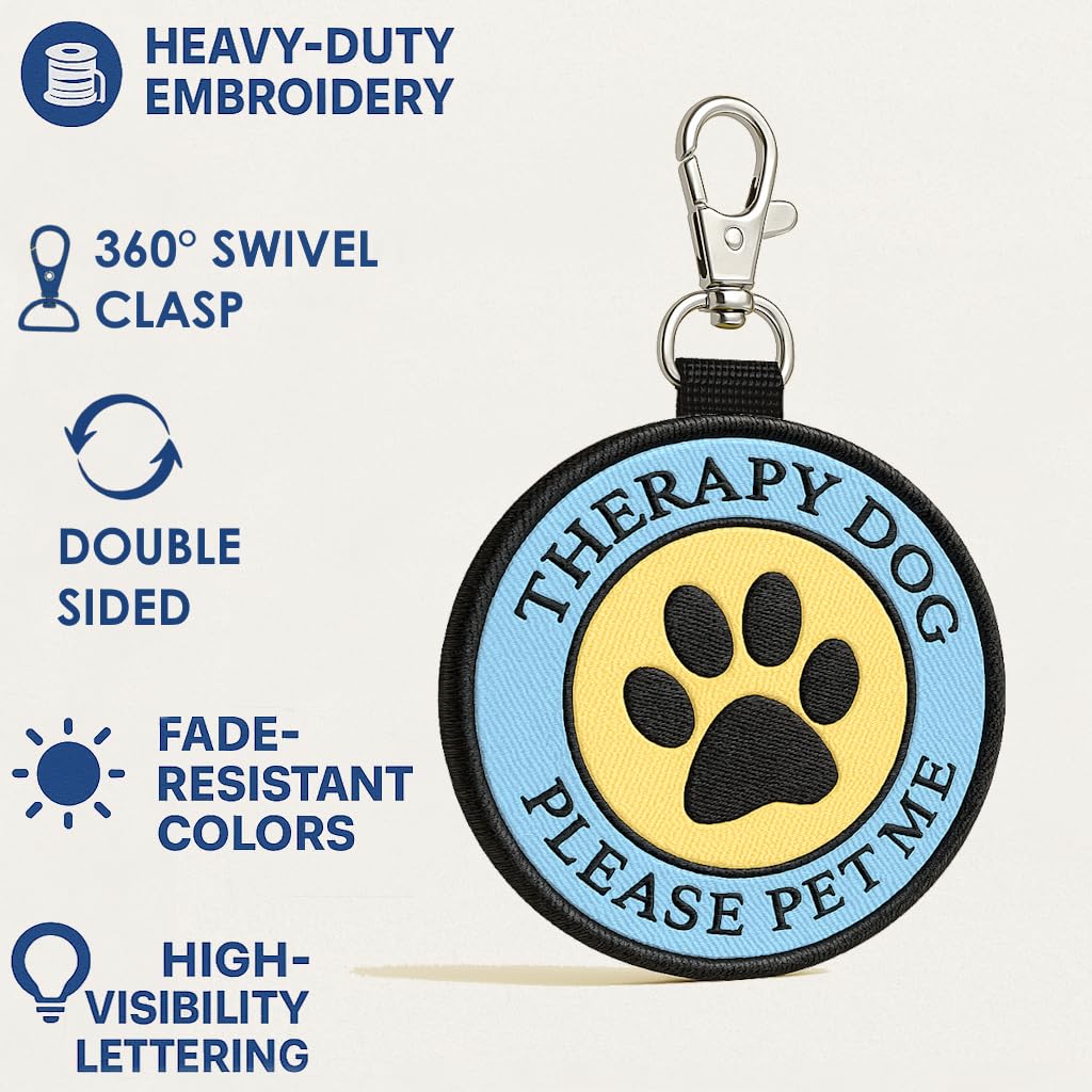 Therapy Dog Clip on Identification wisząca naszywka - klipsy do terapii dla psa, uprzęży, kołnierza, smyczy lub nosidełka.