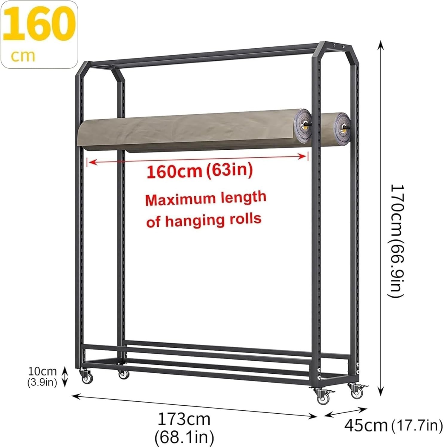 Fabric Roll Storage Rack, Adjustable Hanging Rod Stand with Wheels for Vinyl, Leather, Window Film, Wallpaper - Floor Standing Organizer for Scarves and Samples
