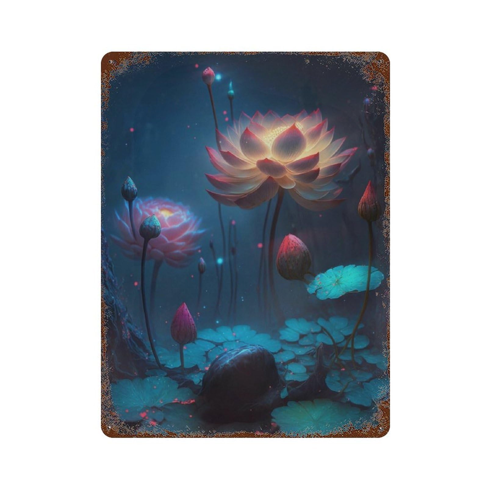 Glowing Lotus Pond Scene Aged Metal Wall Plaque 15.7"x11.8", Classic Wall Plaque for Garage, Pub Or Kitchen