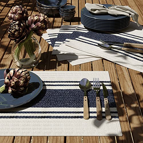 Barnyard Designs Set Of 6 Herringbone Stiped Cloth Placemats, 100% Cotton, Rustic Farmhouse Style Fabric Mats For Dining Table Decoration, Navy/Ivory, 14” X 19” #TOP1