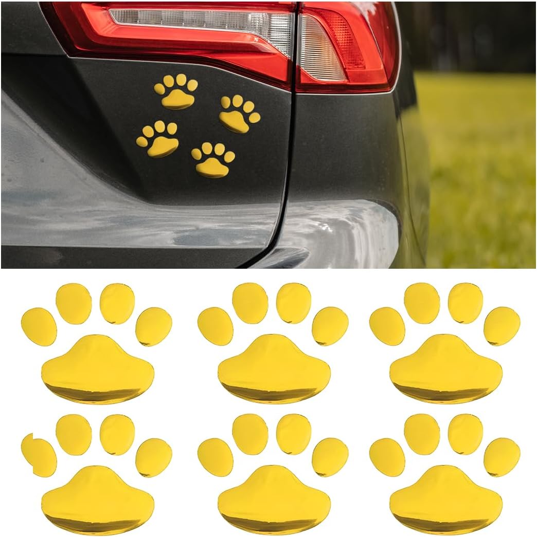 JNNJ 6Pcs Dog Paw Footprint Car Decoration Sticker, Bear Paw Prints Auto Decals, 3D Cute Animal Paw Automotive Emblem, Scratch Covered Rubber Adhesive Footprint Label for Car Windows (Gold)