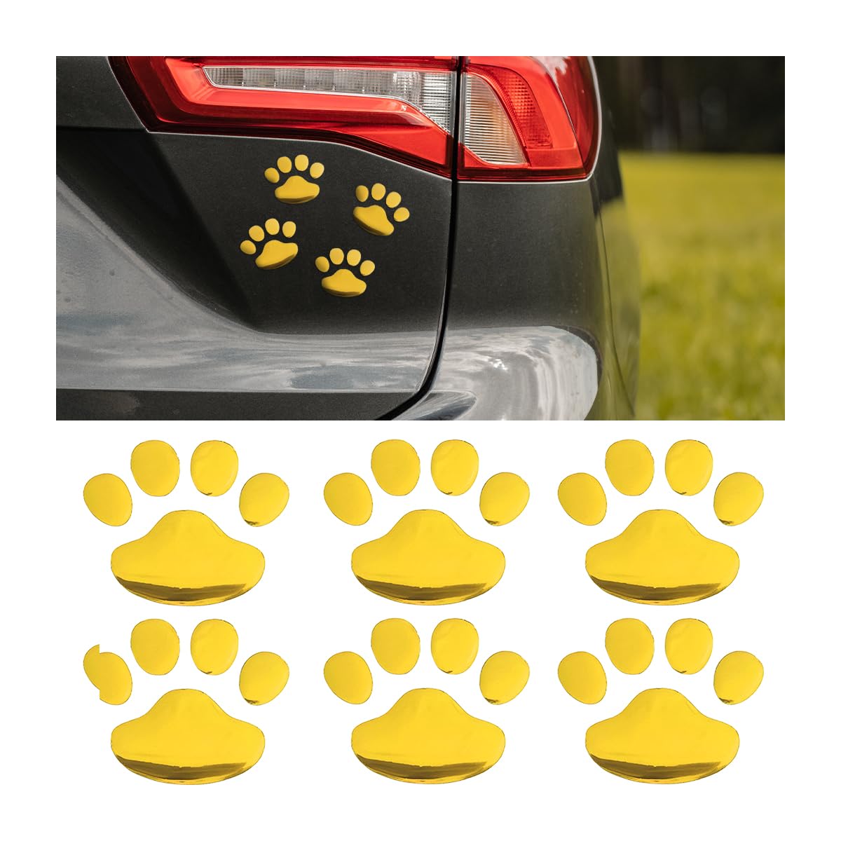 JNNJ 6Pcs Dog Paw Footprint Car Decoration Sticker, Bear Paw Prints Auto Decals, 3D Cute Animal Paw Automotive Emblem, Scratch Covered Rubber Adhesive Footprint Label for Car Windows （Gold）
