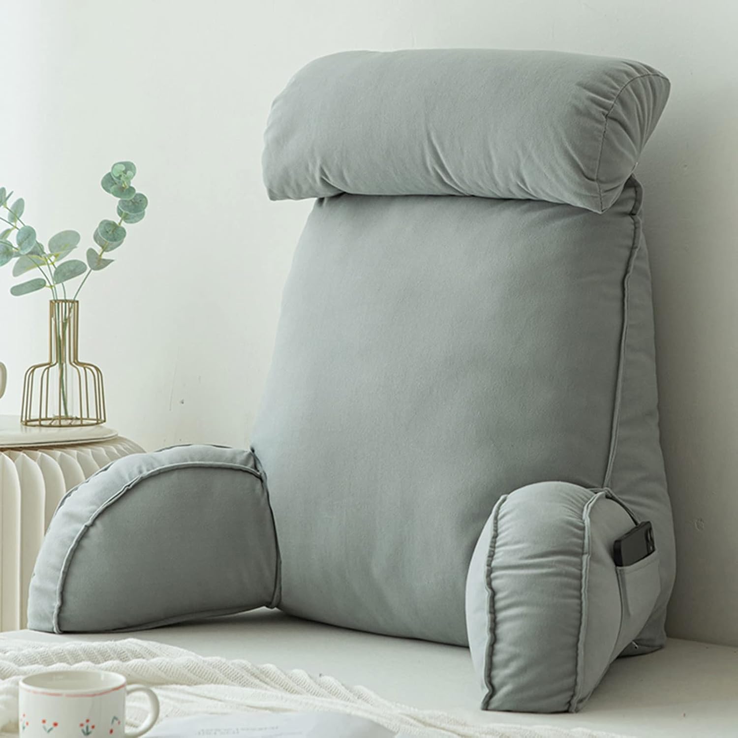 HEATHE Reading Pillow For Bed,Lumbar Support Cushion,Cuddle Cushion,Bed Chair Pillow With Arms,Sofa Waist Pillow,With Round Pillow,Perfect For Sitting,Reading,or Gaming,75×40×50cm,Light Gray