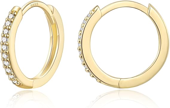Orecchini da donna in argento 925, ipoallergenici, piccoli Huggies, in oro con zirconi, per uomo e donna, 6 mm/8 mm/10 mm, 10 mm, Oro bianco, Diamante
