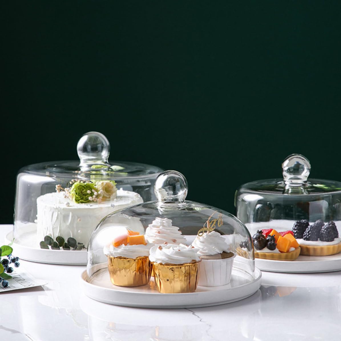 POPETPOP Bandeja para Tartas Soporte Dustproof con Tapa Transparente de Vidrio y Cerámica de Color Claro Diseño Delicado y Funcional Adecuado para Fiestas y Bodas