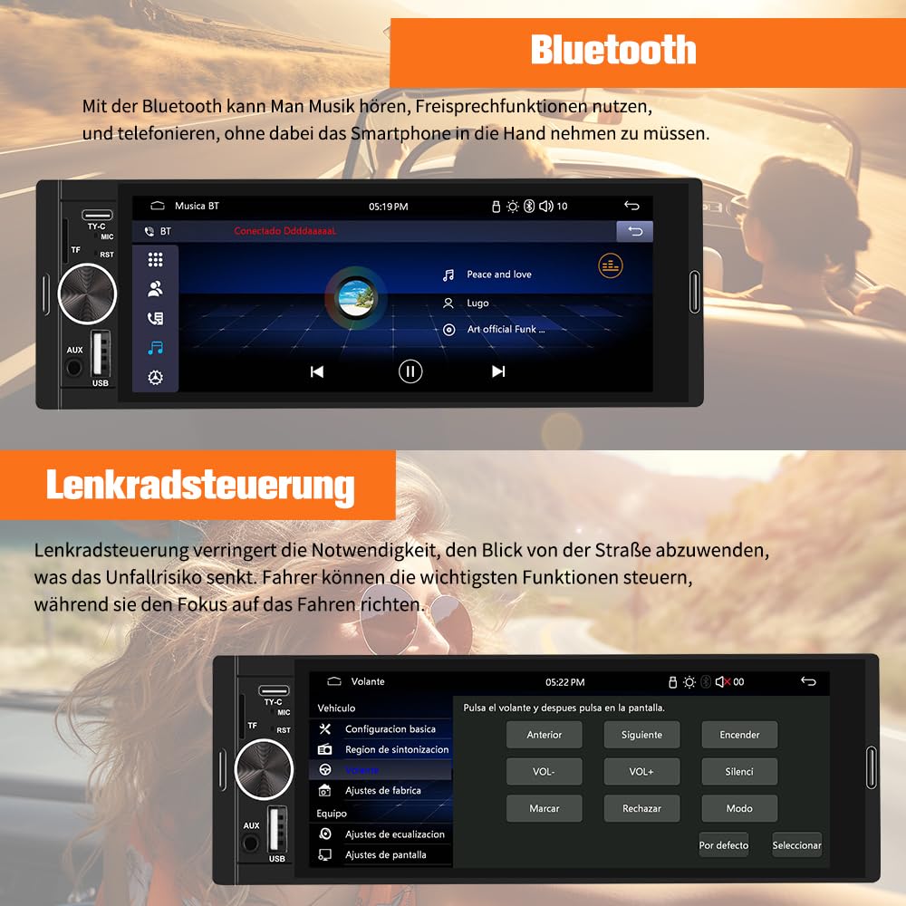 Junsun Smartes 1 DIN Autoradio mit 6,36 Zoll Touchscreen, Wired and Wireless CarPlay und Android Auto, Lenkradsteuerung, Rückfahrkamera, SD Slot USB Anschluss, externes Mikrofon
