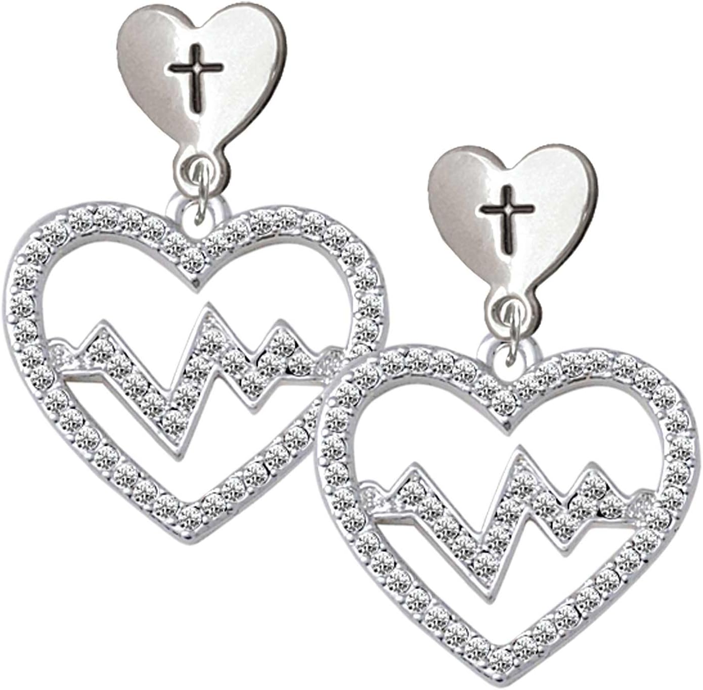 Delight Jewelry Silvertone Large Crystal Heart with Heartbeat Cross in Heart Post Dangle Earrings