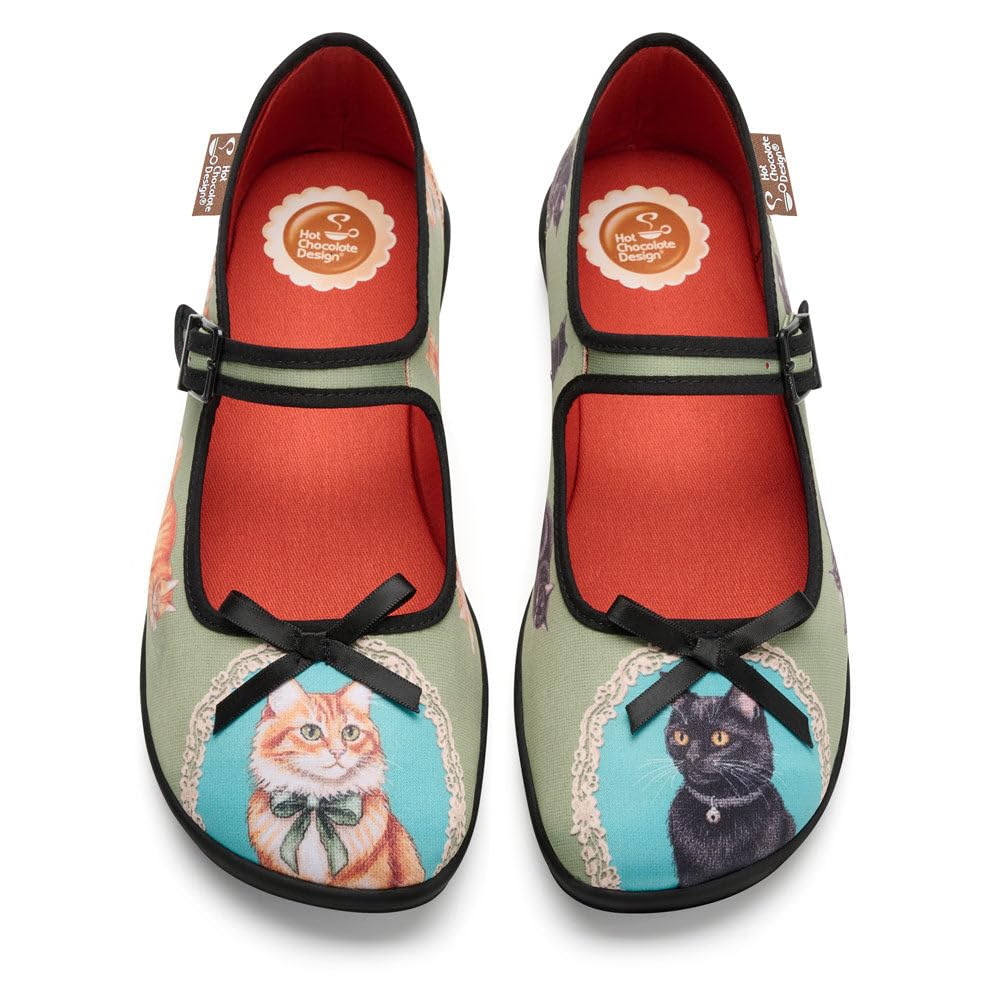 Hot Chocolate Design Nostalgic Women's Buckle Strap Flats | Mary Jane Silhouette, Round Closed Toe, Cushioned Insole with Arch Support, Vegan Textile 5 Regal Whiskers